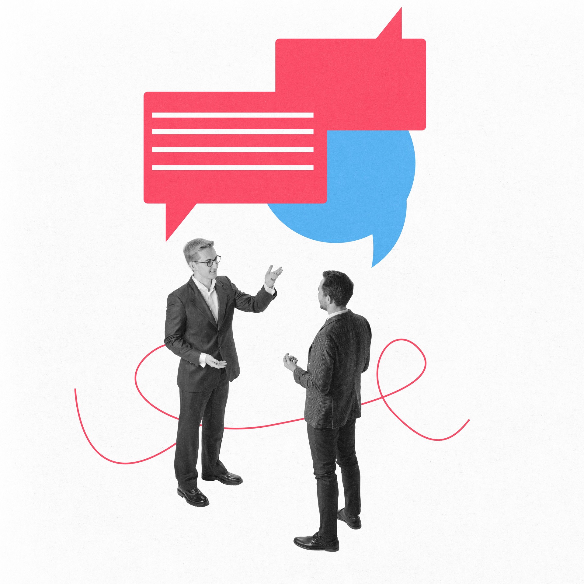 Contemporary art collage. Two businessmen engaged in conversation with colorful speech bubbles, symbolizing effective teamwork and business dialogue.